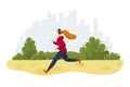 Running sporty girl. Woman jogging in the city park. Vector illustration in flat style. Horizontal banner. Jogging sport
