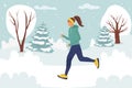 Running sporty woman in a jacket, warm clothes ON WINTER lanscape. young girl goes in for sports. flat style vector design