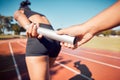 Running, stadium and relay team for baton sports competition or fitness marathon. Athlete woman, runner exercise and Royalty Free Stock Photo