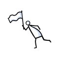 Running Stickman Waving Flag and Racing toward Goal. Hand Drawn Isolated Person Doodle Icon Motif Element. Flat Color