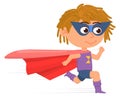 Running superhero kid. Lovely child in red cape