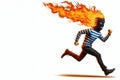 A running thief with a burning mask on his head. Place for text.