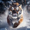 Running tiger with snowy Tiger in wild winter Amur tiger running in the Action wildlife danger animal