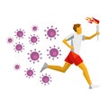 Running torchbearer, lot of viruses are chasing him. Athlete isolated on white background. Royalty Free Stock Photo