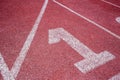 Running track closeup at first place 1 lane.