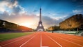 A running track with the Eiffel Tower in the background at sunrise, symbolizing the Paris 2024 Olympics