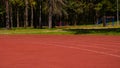 A running track in an empty stadium on a summer sunny day. Red rubberized track for running at the stadium in the park