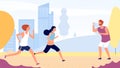 Running training. Female running competition vector concept. Flat women run in park, coach with stopwatch Royalty Free Stock Photo