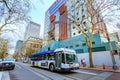 Running TriMet bus in front of Portland Building in downtown Portland