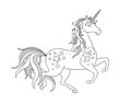 Running Unicorn line art silhouette. Doodle vector illustration. Coloring book page