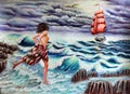 Running on the waves. Girl and hope. Sea, waves, sailboat. Scarlet Sails.