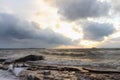 The running waves on the sandy snow-covered coast on a reservoir Royalty Free Stock Photo