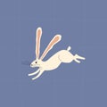 Running white rabbit with long ears. Isolated fabulous hare on a blue background. Royalty Free Stock Photo