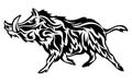 Running wild boar. Black and white vector illustration of a stylized boar. Drawing of a wild animal for hunting. Tattoo.