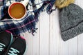 Running in winter or cold weather top down flat lay with sneakers, winter hat, coffee mug, and plaid scarf