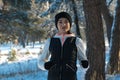 Running winter snow running girl runs through the Woods in winter sport winter. healthy lifestyle Royalty Free Stock Photo