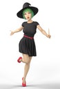Running Witch with a Wand Isolated Royalty Free Stock Photo