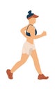 Running woman. Cartoon female outdoor activity. Isolated girl training or jogging in marathon. Fitness exercises and