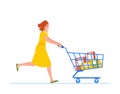 Running Woman Character Pushing Shopping Cart In A Hurry To Grab Groceries And Complete Her Errands