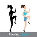 Running woman and her silhouette. Active people, fitness, sports movement. Side view. Vector flat design