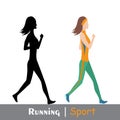 Running woman and her silhouette. Active people, fitness, sports movement. Side view. Vector flat design