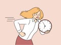 Running woman is holding clock and is nervous trying to comply with deadlines and complete work