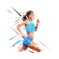 Running woman, low polygonal vector illustration. Run, geometric female athlete logo from triangles, side view Royalty Free Stock Photo