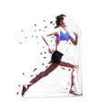 Running woman, low polygonal athlete. Isolated vector illustration, side view