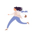 Running woman, office worker character in hurry, rush hour, hasteing woman with handbag, oversleeping