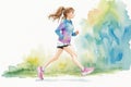 Running woman in park in summer training illustration, ai generative