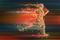 Running woman particle divergent silhouette on dinamic abstract background