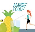 Running woman with pineapple pear and juice health food