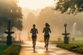 Running women jogging in the park at sunrise. Healthy lifestyle concept, beatiful women jogging in the park in in the morning, AI