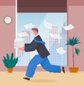 Running young man businessman, cartoon concerned character with a stack of paper in hand vector