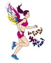 Running young and slim european woman with colorful wings