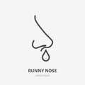 Runny nose line icon, vector pictogram of flu or coronavirus symptom. Nosebleed, nasal mucus illustration, sign for