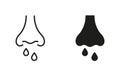 Runny Nose Line and Silhouette Black Icon Set. Coronavirus Symptom, Nosebleed, Nasal Mucus Symbol Collection. Sinusitis Royalty Free Stock Photo