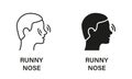 Runny Nose Line and Silhouette Icon Set. Nose Pain, Itch, Inflammation, Ache Symbol Collection. Rhinitis, Allergy, Nasal Royalty Free Stock Photo