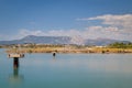 Runway Airport Corfu Town Kerkyra from the sea Royalty Free Stock Photo