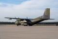 Runway with black military aircraft transall c160 with blue sky in the background Royalty Free Stock Photo