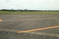 Runway Displaced thresholds sign, Yellow chevrons are markings aligned with the runway