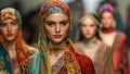 A runway filled with models wearing a fusion of Victorianera dresses with Middle Easterninspired headscarves and jewelry