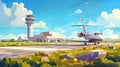 On the runway strip of a modern airport building, you can see a small airport terminal and a private jet. Modern cartoon Royalty Free Stock Photo