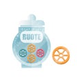 Ruote dry pasta in a transparent glass container with lid and name, traditional Italian cuisine menu, food vector