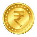 Rupee currency gold coin with stars. Indian currency. Vector illustration isolated on white background. Editable elements and glar