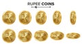 Rupee 3D Gold Coins Vector Set. Realistic Illustration. Flip Different Angles. Money Front Side. Investment Concept