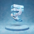 Rupee icon. Cracked blue Ice Rupee symbol on blue snow podium