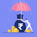 A financial expert holding umbrella to protect the money bag containing rupee from rain
