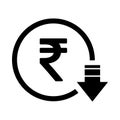 Rupee reduction symbol, cost decrease icon. Reduce debt bussiness sign vector illustration