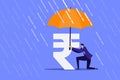 A financial expert holding umbrella over the rupee symbol from rain